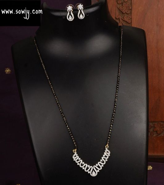 Lovely Diamond Look Alike Pendant in Single Line Black Beads Chain with Earrings-Design4!!!!