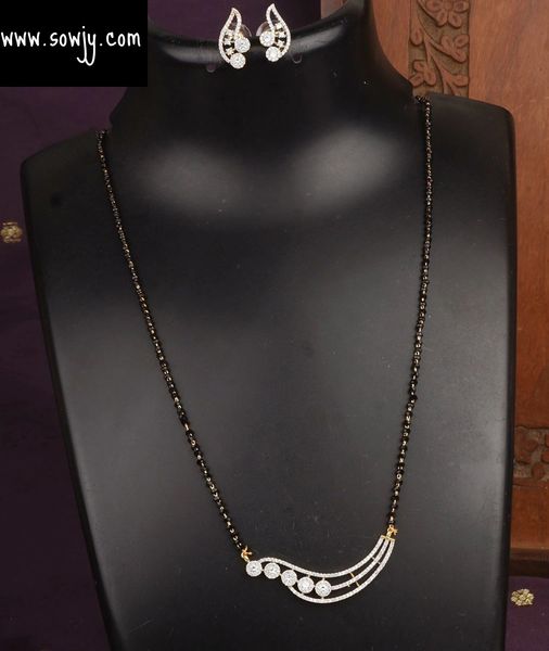 Lovely Diamond Look Alike Pendant in Single Line Black Beads Chain with Earrings-Design5!!!!