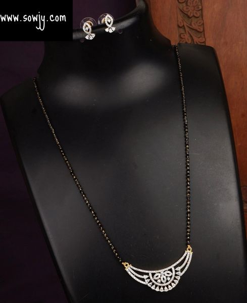 Lovely Diamond Look Alike Pendant in Single Line Black Beads Chain with Earrings-Design6!!!!