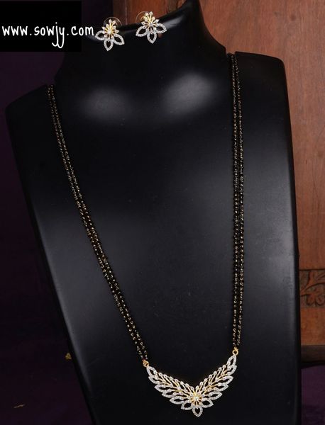 Lovely Diamond Look Alike Pendant in Two Line Black Beads Chain with Earrings-Design7!!!!