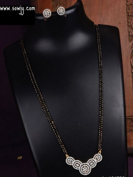 Lovely Diamond Look Alike Pendant in Two Line Black Beads Chain with Earrings-Design8!!!!