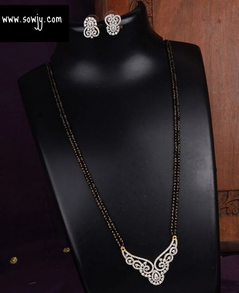 Lovely Diamond Look Alike Pendant in Two Line Black Beads Chain with Earrings-Design11!!!!