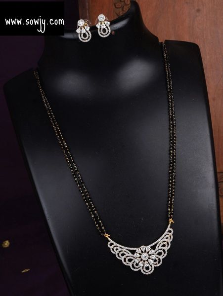 Lovely Diamond Look Alike Pendant in Two Line Black Beads Chain with Earrings-Design12!!!!