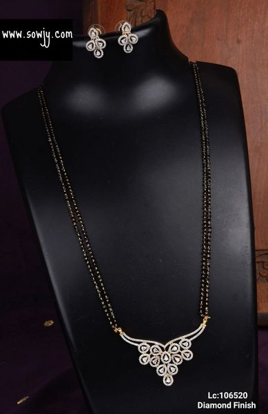 Lovely Diamond Look Alike Pendant in Two Line Black Beads Chain with Earrings-Design13!!!!