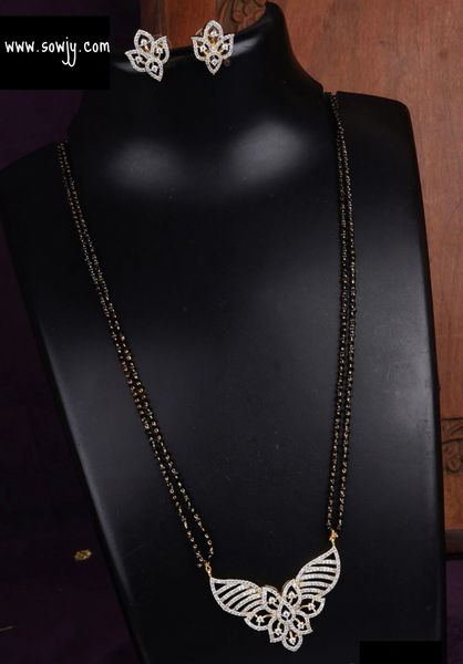 Lovely Diamond Look Alike Pendant in Two Line Black Beads Chain with Matching Earrings-Design14!!!!