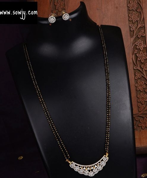 Lovely Diamond Look Alike Pendant in Two Line Black Beads Chain with Matching Earrings-Design15!!!!