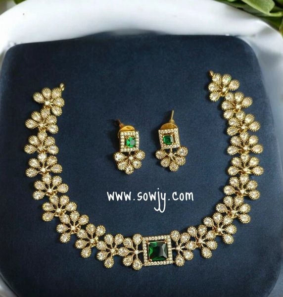 Lovely Victorian Finish Floral Pattern Choker Cum Necklace Type with Earrings- Dark Green!!!