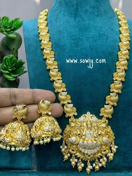 Very Grand Big Size Nakshi 3D Embossed Long Haaram with Big Size Lakshmi Jhumkas