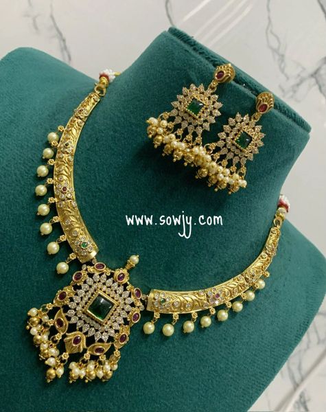 Lovely AD Stone Pendant Hasli Style Necklace with Earrings- NO ANIMAL OR GOD MOTIFS!!!!