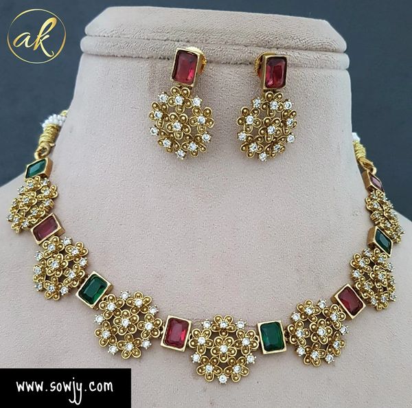 Lovely Floral Gold Replica Designer Necklace with Earrings-Red and Green !!!!!!