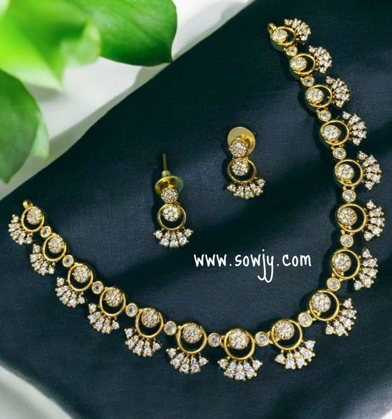 Beautiful AD Stone Gold Finish Simple and Elegant Style Necklace with Small Earrings!!!!