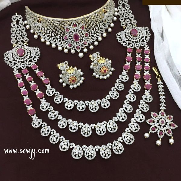 Very Grand Bridal Set In Diamond Look Alike- Choker,Long Three Layer Side Pendant Haaram,Jhumkas and Matching Tikka- RUBY !!!