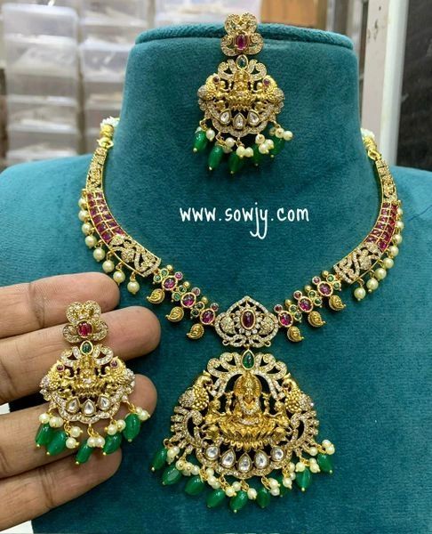 Lovely Lakshmi Pendant Real Kemp Stone Kante Designer Necklace with Earrings-Emerald Hanging Beads!!!