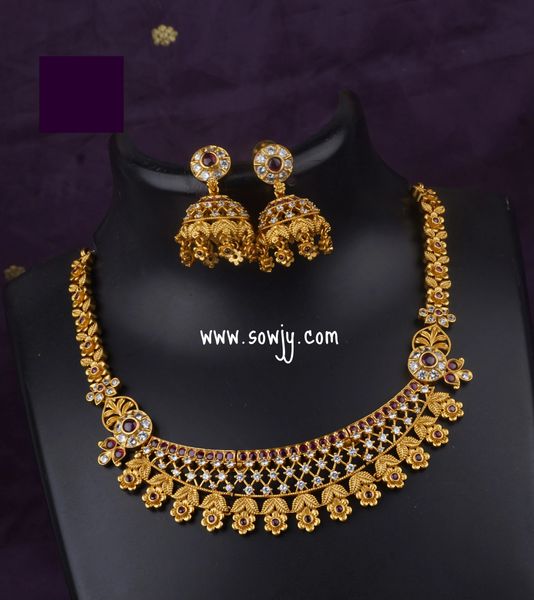 Beautiful Jaali Design Classy Gold Replica Short necklace with Jhumkas- Red and White!!!!