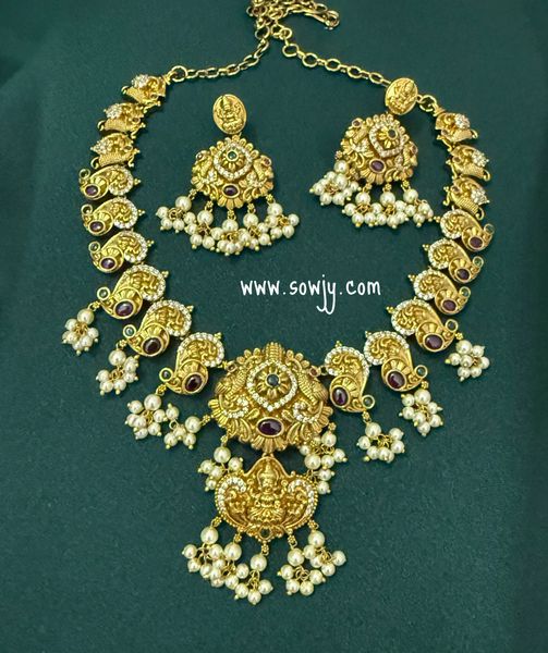 Beautiful Nakshi Designer Grand Gold Look Alike Premium Quality Peacock Lakshmi Necklace with Earrings!!!