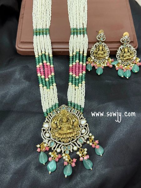 Very Grand and Big Size Nakshi Design Lakshmi Pendant in Mehandi Finish with Beautifully Crafted Designer Long Beads layered Maala with Earrings- Mint Green!!!