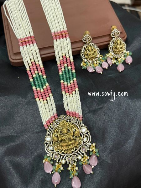 Very Grand and Big Size Nakshi Design Lakshmi Pendant in Mehandi Finish with Beautifully Crafted Designer Long Beads layered Maala with Earrings- Pastel Pink!!!