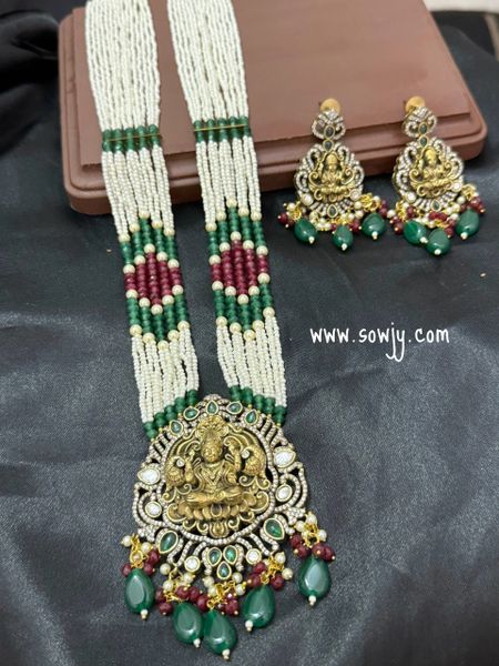 Very Grand and Big Size Nakshi Design Lakshmi Pendant in Mehandi Finish with Beautifully Crafted Designer Long Beads layered Maala with Earrings- Emerald Green!!!