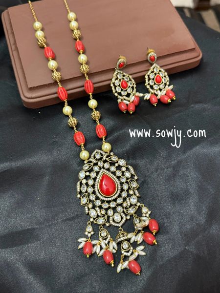 Lovely Victorian Finish Moissanite Stones Big Floral Pattern Pendant in Long Coral and Perl Beads Maala with Earrings!!!