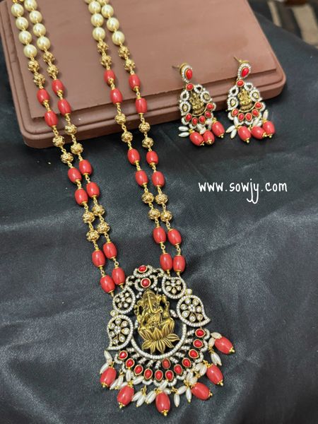 Very Grand Big Size Ganesha Moissanite and Coral Stones Pendant in Two Layer Coral and Gold Nakshi Beads Long Maala with Matching Earrings!!!