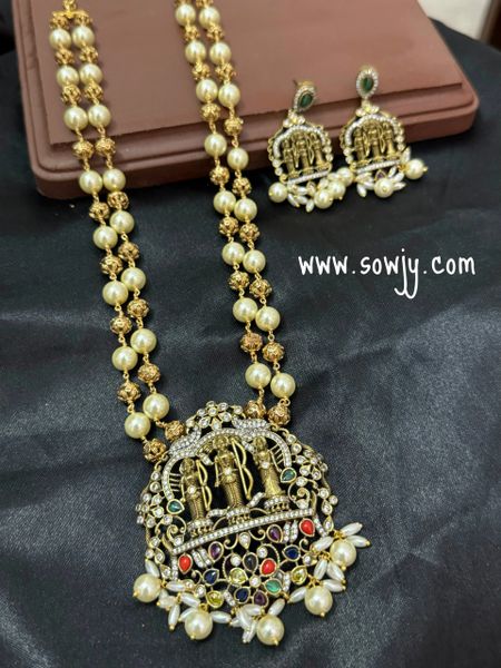 Very Grand Raam Parivaar Multi Color Stone Mehandi Finish Pendant in Two Layer pearl and Gold Nakshi Beads Long Maala with Matching Earrings!!!