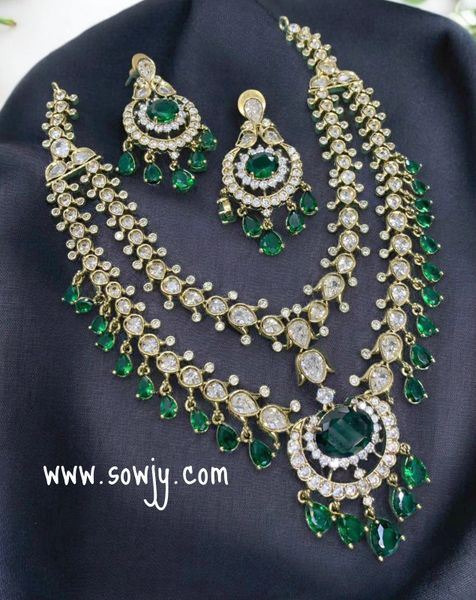 Celebrity Inspired Designer Victorian Finish Uncut AD Stones Two Layer Mid Length Haaram with Earrings- GREEN!!!!