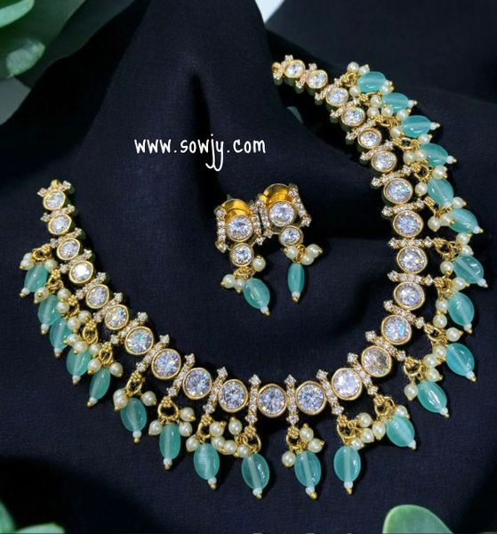 Big Moissanite Stone Classy Gold Look Alike Necklace and Earrings- Sea Green Monalisa Hanging Beads!!!