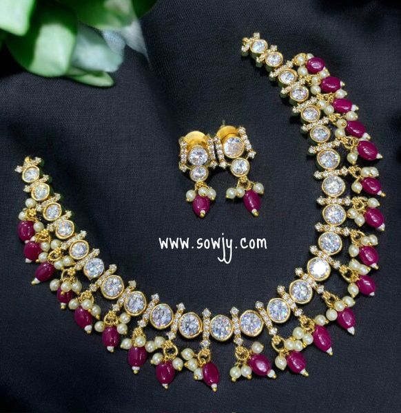 Big Moissanite Stone Classy Gold Look Alike Necklace and Earrings- Ruby Monalisa Hanging Beads!!!