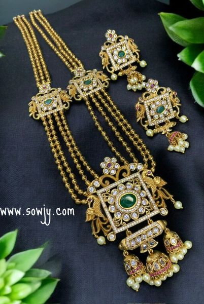 Lovely Peacock Designer Pendant in 4 Layer Ball Chain Long Designer Haaram with Side pendants and Matching Earrings- Green and White!!!