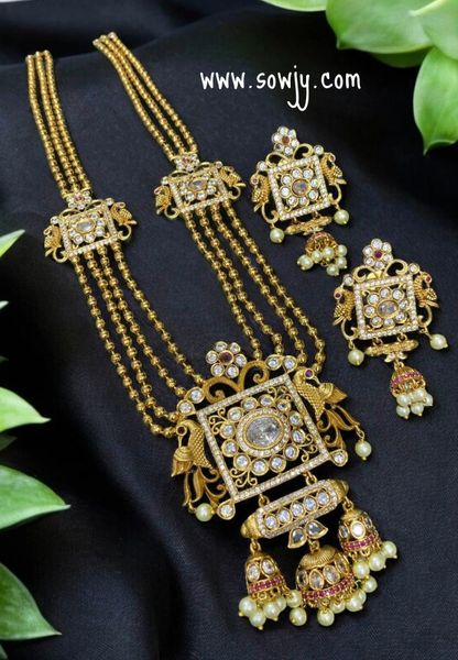 Lovely Peacock Designer Pendant in 4 Layer Ball Chain Long Designer Haaram with Side pendants and Matching Earrings-Full White!!!