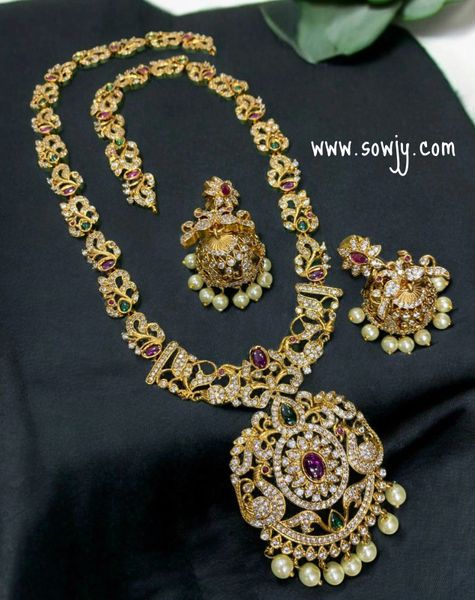 AD Stone Beautiful Peacock Pendant Long Haaram with Matching Jhumkas!!!