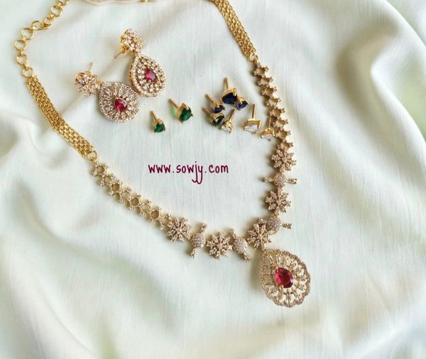 Changeable Stones AD Stones Floral Pendant Necklace and Earrings in Gold Finish - 4 Colors-Red,Green Blue and White!!!