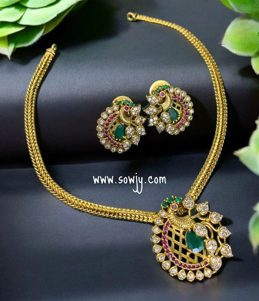 Lovely Peacock Pendant in Simple Gold Chain Necklace with Earrings!!!