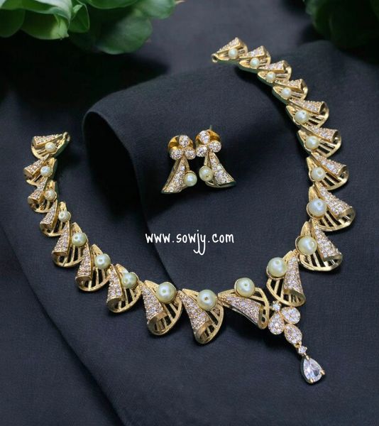 Designer Pearl Diamond Replica Gold Finish Classy Necklace with Matching Earrings!!!!