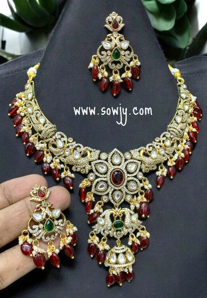 Victorian Finish AD and Moissanite Stones Grand and Big Necklace with Matching Earrings- RED!!!