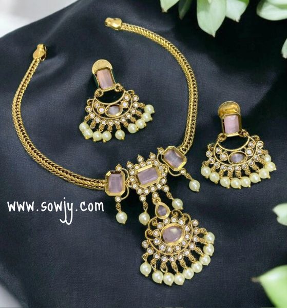 Beautiful Gold Look Alike Attigai Style Floral Pendant necklace with Earrings- Pastel Pink!!!!