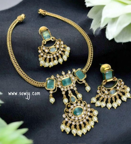 Beautiful Gold Look Alike Attigai Style Floral Pendant necklace with Earrings- Mint Green!!!!