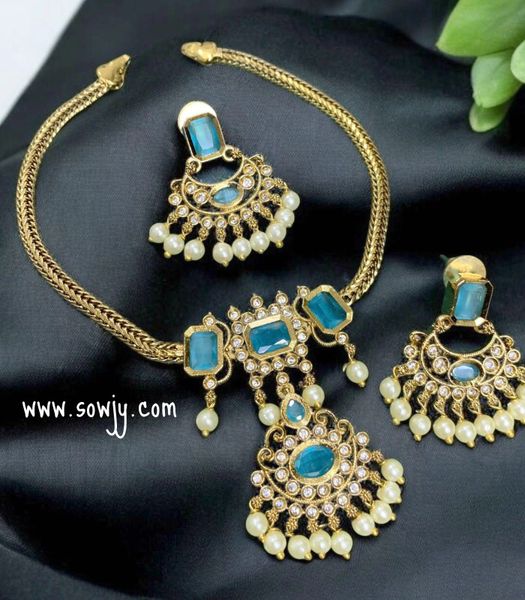 Beautiful Gold Look Alike Attigai Style Floral Pendant necklace with Earrings- Sky Blue!!!!