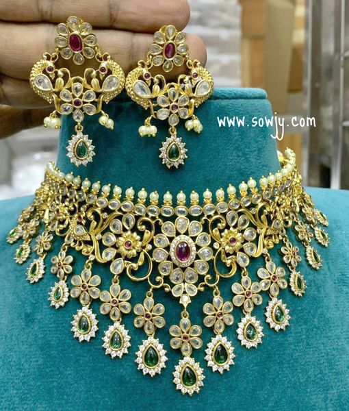 Very Grand and Big Size Designer Uncut AD Stones Gold Look Alike Premium Quality Choker Set with Earrings!!!