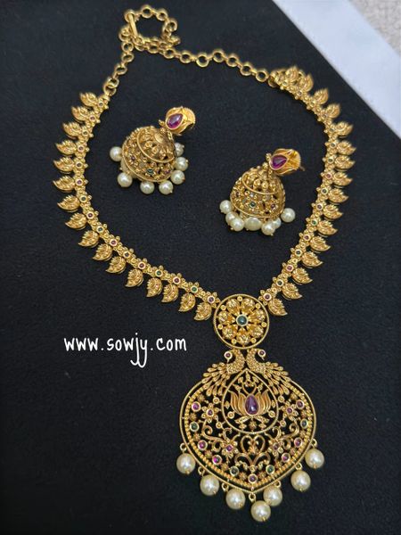 Gold Replica Design Big Peacock Pendant Necklace with Matching Medium Size Jhumkas!