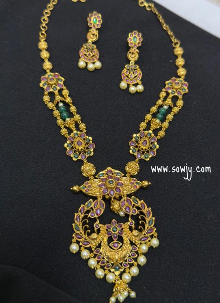 Lovely Designer Peacock Pendant in Designer Three Layer Short Haaram with Earrings!