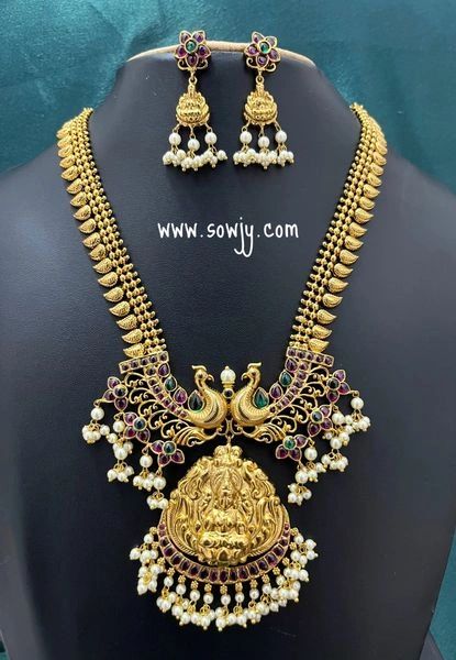 Lovely Big and Long Lakshmi Peacock Pendant with Kemp Stones in Mid-Length Paisley/Maanga Haaram with Lakshmi Earrings!!