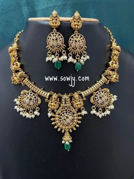 Intricate Designer Work New Lakshmi Design Kante Necklace with Matching Earrings in Gold Finish !!!