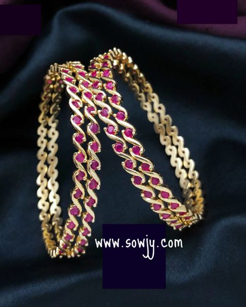 Beautiful Gold Look Alike Curvy Pattern Bangles- Ruby Stones- 4 Bangles Count -Size 2.4