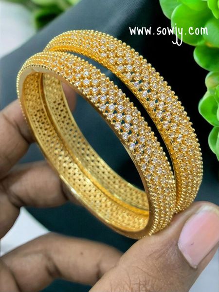 CZ Stones Gold Look Alike premium Quality Broad Bangles-Set of 2-Size 2.8