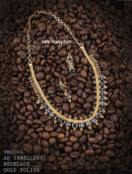 Lovely Gold Look Alike Premium Quality Sapphire/Navy Blue Stone Necklace with Small Earrings- Just Like Real Gold!!!!