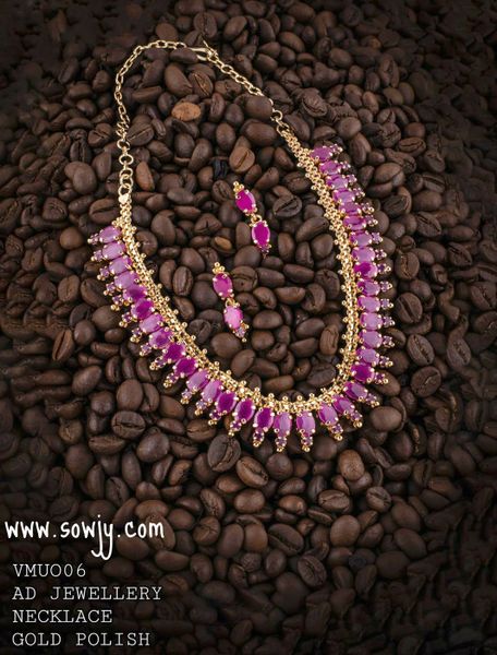 Lovely Gold Look Alike Premium Quality Ruby Pink Stone Necklace with Small Earrings- Just Like Real Gold!!!!