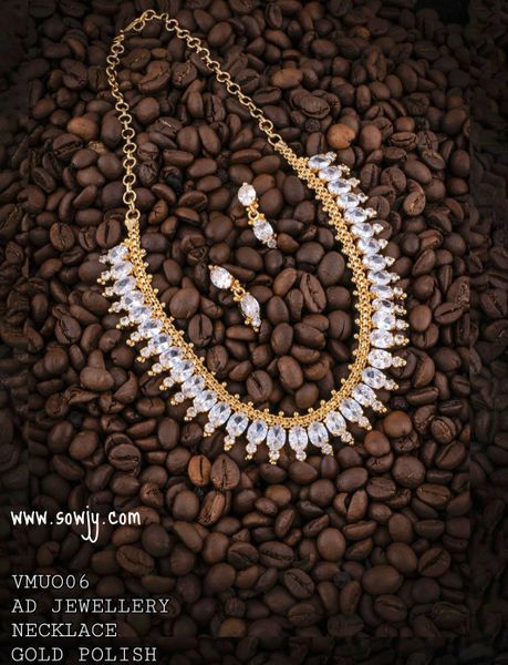 Lovely Gold Look Alike Premium Quality White Stone Necklace with Small Earrings- Just Like Real Gold!!!!