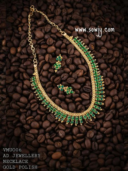 Lovely Gold Look Alike Premium Quality Emerald Green Stone Necklace with Small Earrings- Just Like Real Gold!!!!