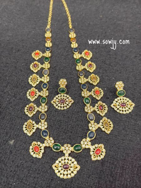 Lovely Floral Designer Gold Finish MultiColor Stones Long Necklace/ Haaram with matching Earrings- NO GOD/GODDESS/NO ANIMAL MOTIFS!!!